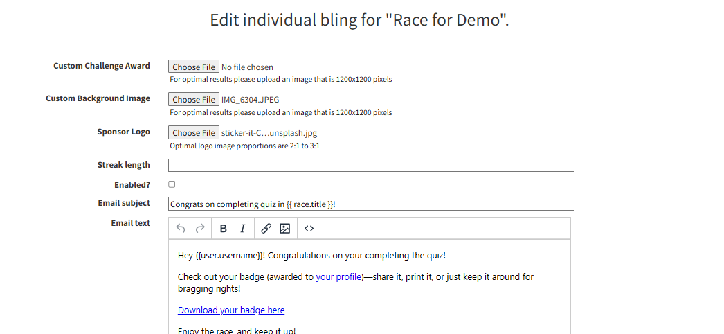 Full quiz award edit page showing all fields